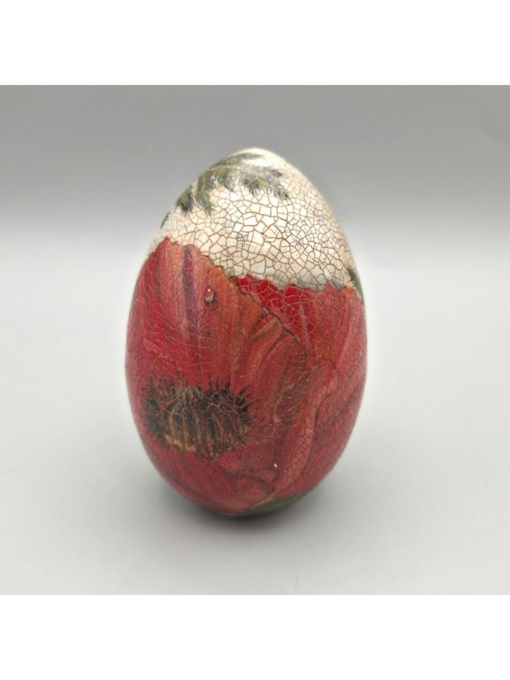 Priscilla Evans Signed Wooden Egg Red Poppies Pyrography Wood Burned Decor